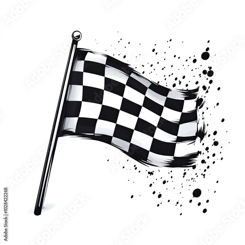 Black and white checkered flag, abstract paint splatters, racing inspired decor image photo