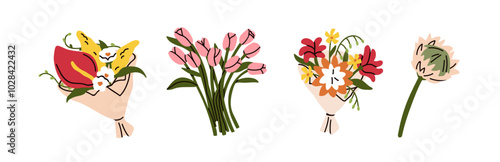 Flower bouquets, floral arrangements set. Spring and summer blossoms arranged as gift bunch, nature decoration. Fresh blooms, protea, tulips. Flat vector illustration isolated on white background