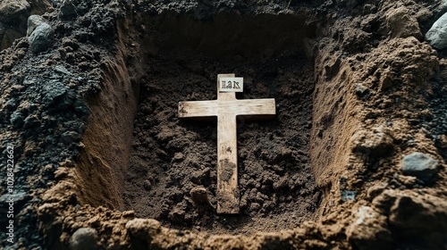 Wooden cross placed in freshly dug grave with dark soil surrounding, symbolizing burial and mourning traditions. photo