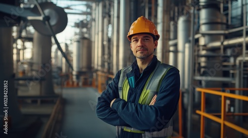 A worker in safety gear stands confidently in an industrial facility, surrounded by machinery and equipment.