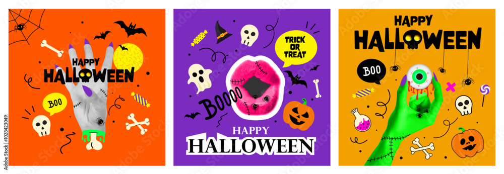 Fototapeta premium Halloween halftone collage poster templates set for mixed media design. Monster eyes, zombie hands, vampire mouth. Spooky modern cut out elements and doodles. Trendy pop art vector illustration