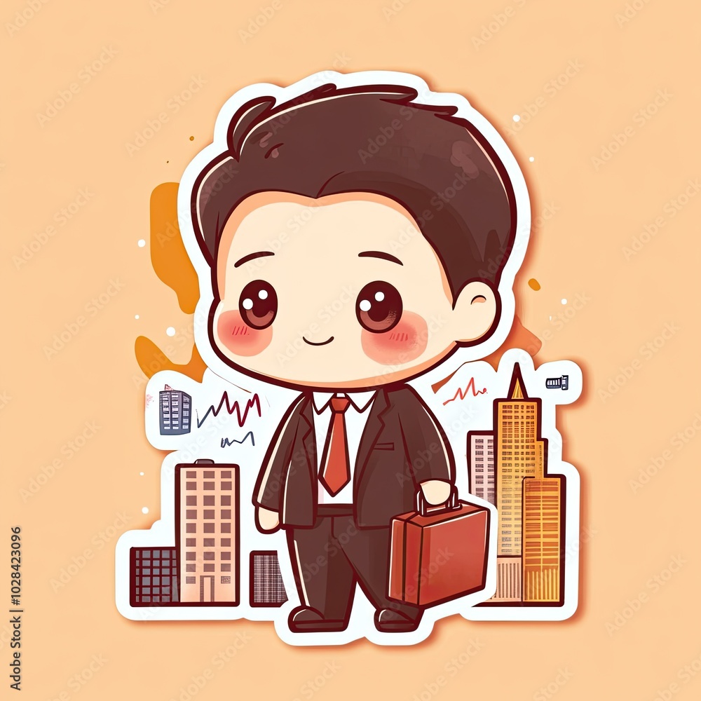 Cartoon Businessman with Suitcase in Front of City Skyline Cartoon Businessman with Suitcase in Front of City Skyline