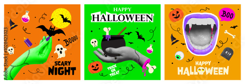 Halloween halftone collage poster templates set for mixed media design. Monster eyes, zombie hands, vampire mouth. Spooky modern cut out elements and doodles. Trendy pop art vector illustration