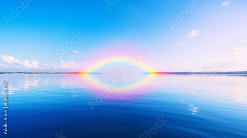 Close-up of a rainbow over a calm lake bright