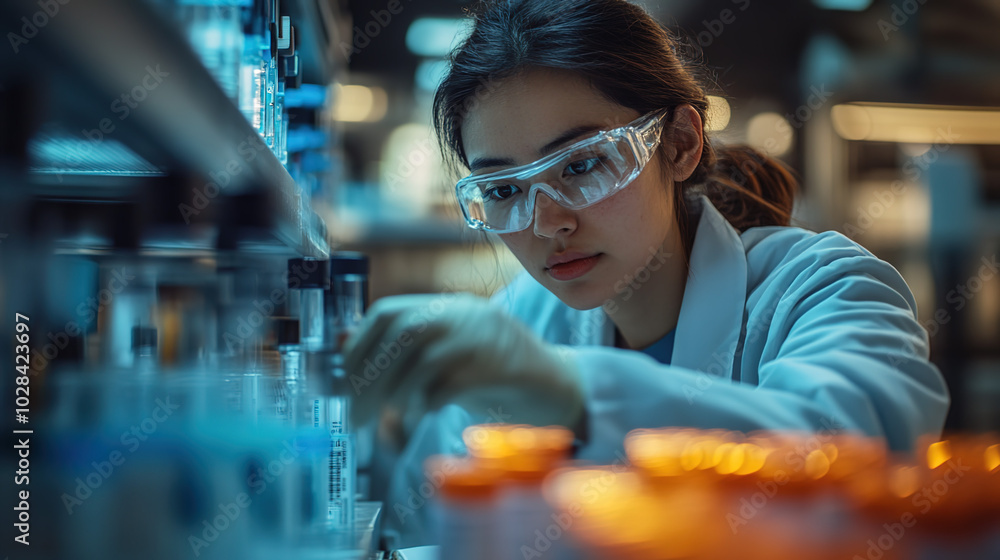 Female Scientist in Lab Coat, Conducting Experiment with Liquid in Bottle, Surrounded by Test Tubes and Equipment, Focused and Professional Female Scientist in Lab Coat, Conducting Experiment with Liquid in Bottle, Surrounded by Test Tubes and Equipment, Focused and Professional