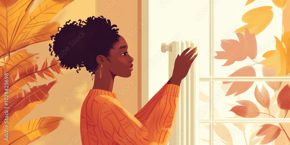 © Irina B - Artistic depiction of an African woman adjusting a radiator in a cozy room with warm autumn colors, highlighting the balance between indoor comfort and seasonal changes... © Irina B - Artistic depiction of an African woman adjusting a radiator in a cozy room with warm autumn colors, highlighting the balance between indoor comfort and seasonal changes...