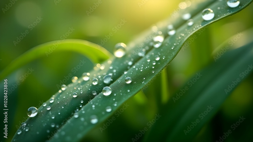 Macro photography of morning dew on leaves with sharp focus on details and a blurred background Macro photography of morning dew on leaves with sharp focus on details and a blurred background