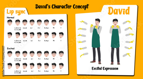 A excited housekeeper cartoon character AKA David. Caretaker cartoon vector character. Excited face expressions and lip sync. Set of caretaker with various hand gesture and front and 1/3 standing pose