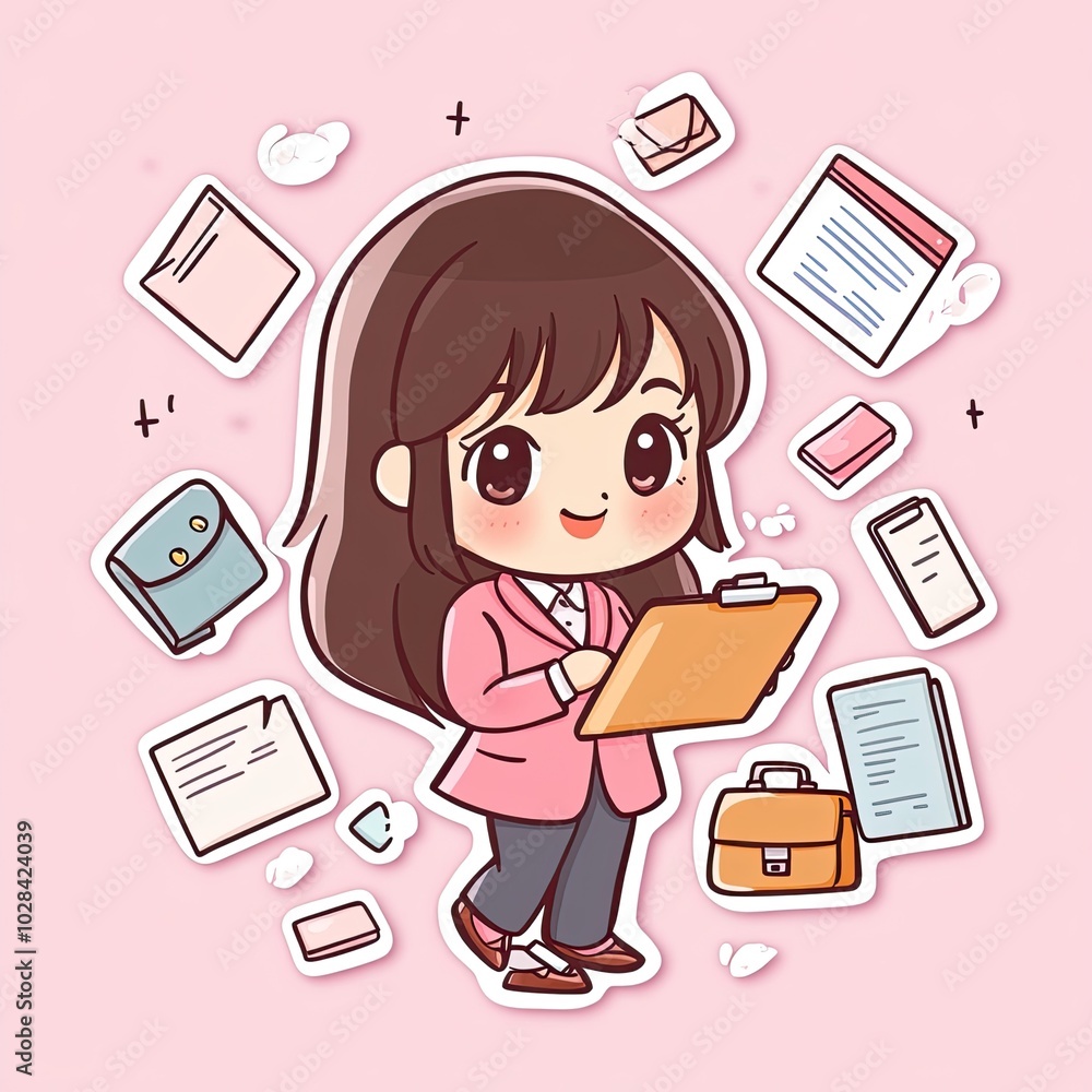A Cute Cartoon Woman in a Pink Blazer Holding a Clipboard with Office Supplies Around Her A Cute Cartoon Woman in a Pink Blazer Holding a Clipboard with Office Supplies Around Her
