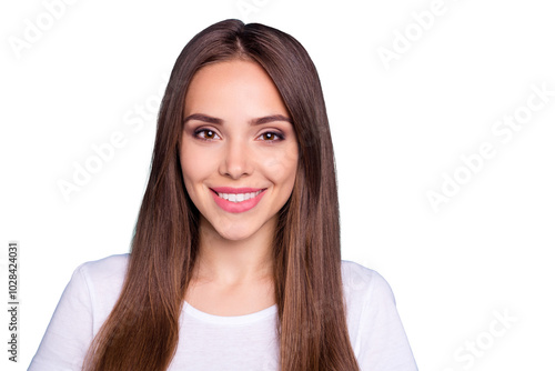 Close-up portrait of her she nice-looking attractive lovely lovable winsome pretty cheerful cheery straight-haired girl isolated over bright vivid shine blue background