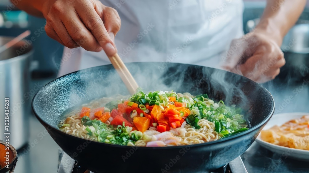 Man preparing ramen with colorful toppings, aromatic steam, street food, Japanese comfort Man preparing ramen with colorful toppings, aromatic steam, street food, Japanese comfort