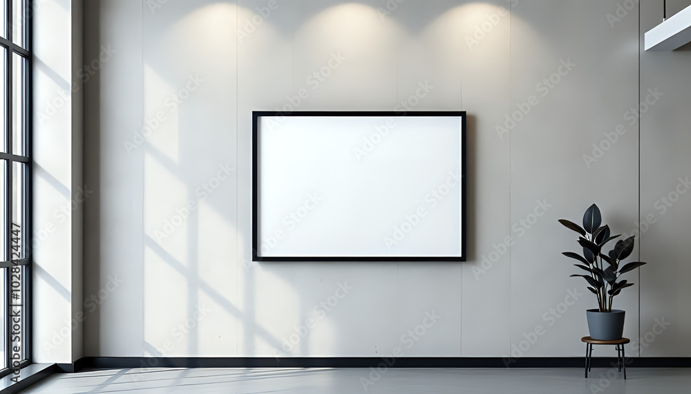 Minimalist Black Frame on Concrete Wall: Sleek Mockup in a Modern, Industrial-Inspired Office Minimalist Black Frame on Concrete Wall: Sleek Mockup in a Modern, Industrial-Inspired Office
