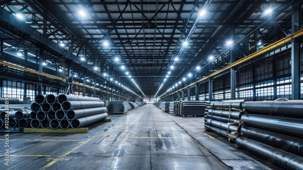 Fototapeta premium Industrial Warehouse with Stacks of Metal Pipes