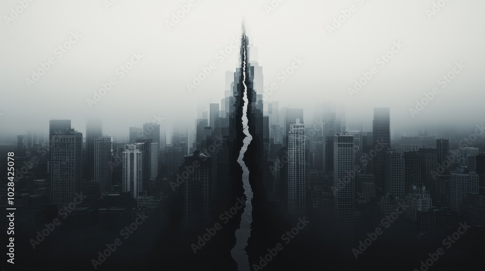 Fototapeta premium Fading Cityscape: A once-vibrant city skyline gradually fading into darkness, with buildings turning into transparent, crumbling structures