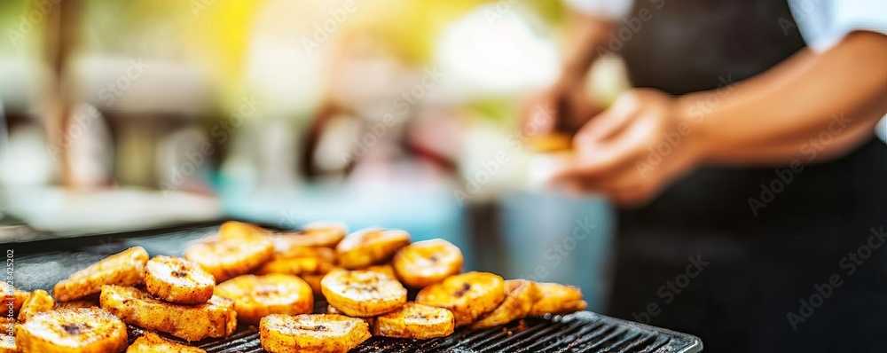Vendor frying crispy plantains with spices, tropical vibes, street food, exotic snack Vendor frying crispy plantains with spices, tropical vibes, street food, exotic snack