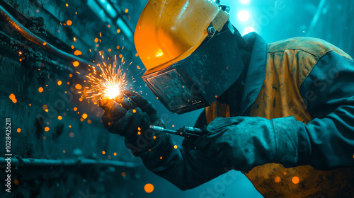 A worker wearing a protective helmet and gloves performs welding in an industrial setting, sparks flying amidst a blue backdrop, showcasing the intensity of metalworking. photo