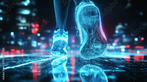 Holograms, shoes, and sports for fitness running, and speed for health tracking outdoors. sneakers, graphics for a workout, exercise, balance for routine, training for a marathon, and wellness 