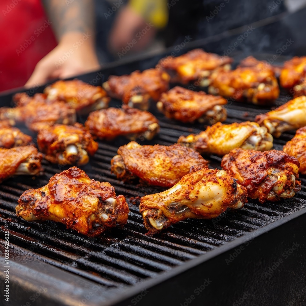 Vendor grilling chicken wings with rich spices, smoky flavors, street food, BBQ delight Vendor grilling chicken wings with rich spices, smoky flavors, street food, BBQ delight