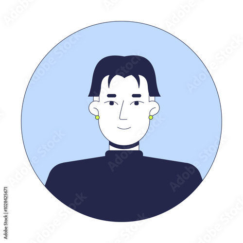 Middle part haircut korean man with stud earrings 2D linear vector avatar illustration. Asian hairstyle guy turtleneck cartoon character face portrait. Round frame flat user profile image isolated