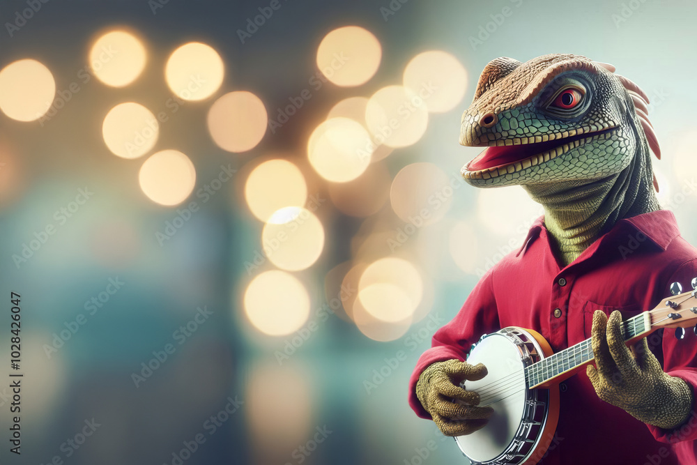 an anthropomorphic reptile playing a banjo. bokeh effect from circular lights, festive or musical atmosphere. charming way an anthropomorphic reptile playing a banjo. bokeh effect from circular lights, festive or musical atmosphere. charming way