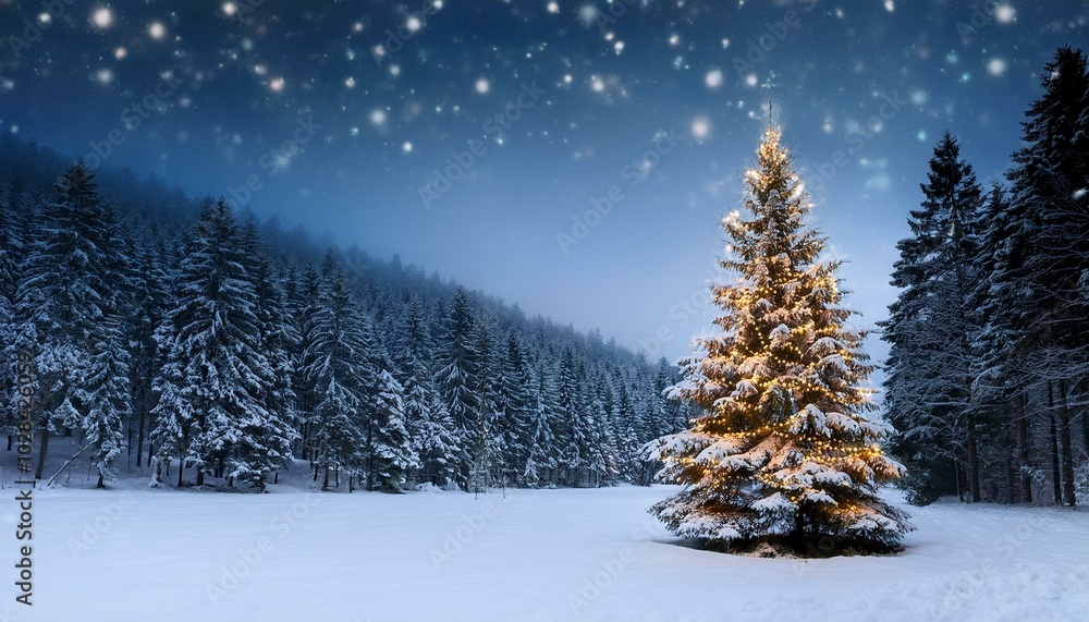 Snowy nordic forest landscape, with one single Christmas tree with lights and decorations against blue sky on a sunny winter night Snowy nordic forest landscape, with one single Christmas tree with lights and decorations against blue sky on a sunny winter night
