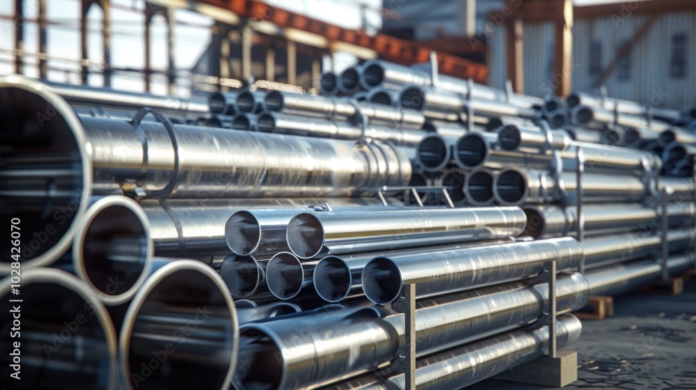 Stacked Metal Pipes in a Construction Yard Stacked Metal Pipes in a Construction Yard