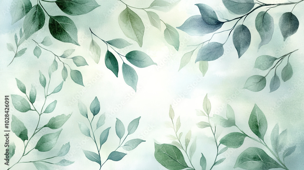 A Watercolor Painting of Varied Green Leaves, Displaying Natural Growth and Soft Color Transition on a White Background A Watercolor Painting of Varied Green Leaves, Displaying Natural Growth and Soft Color Transition on a White Background
