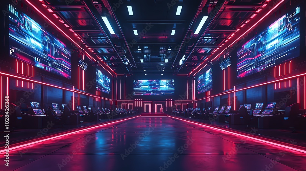 Esports stadium with massive screens, vibrant lights, 3D illustration Esports stadium with massive screens, vibrant lights, 3D illustration