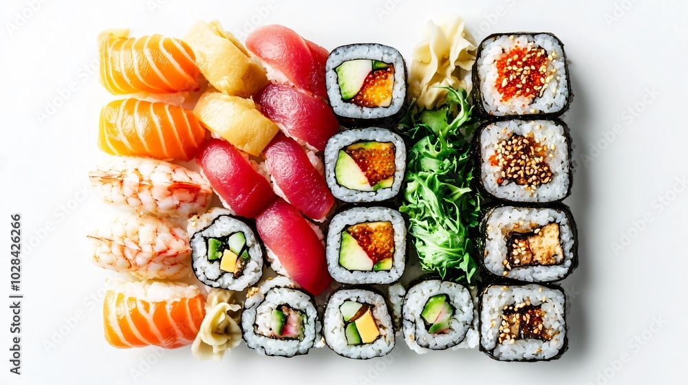 Sushi rolls with salmon, tuna, shrimp, cucumber, avocado and tobiko caviar. Sushi rolls with salmon, tuna, shrimp, cucumber, avocado and tobiko caviar.