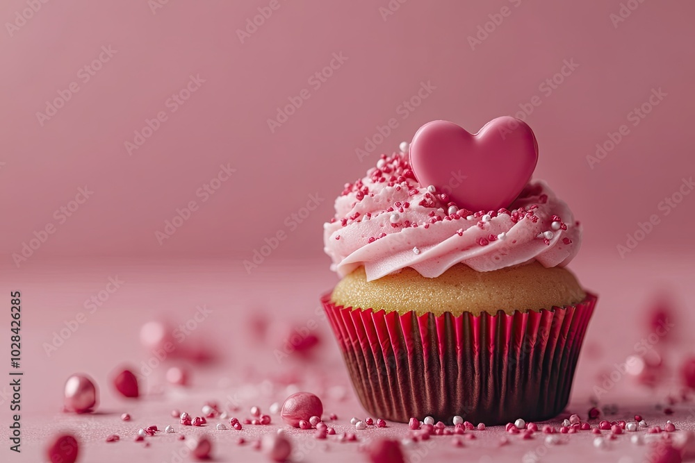 Pink cupcake with heart on top. Perfect for Valentine's Day, love, or romance themes. Pink cupcake with heart on top. Perfect for Valentine's Day, love, or romance themes.