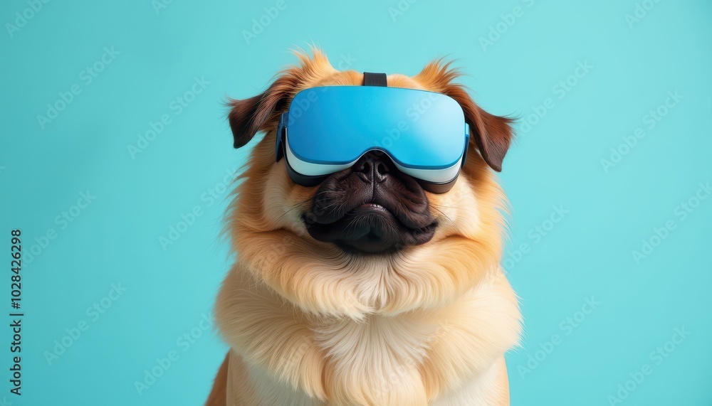 Pekingese using VR glasses while standing over an isolated aqua background. Pekingese using VR glasses while standing over an isolated aqua background.