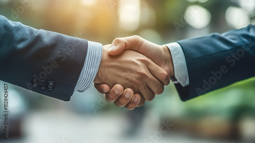 A Formal Handshake Scene, Featuring Two Men in Dark Suit and Light Shirt, Blurred Background, Suggesting a Business Meeting or Celebration