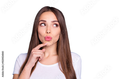 Close-up portrait of her she nice-looking attractive lovely fascinating pensive minded feminine straight-haired lady pout lips isolated over bright vivid shine blue green teal turquoise background