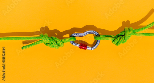 two ropes with secure knots are connected by a carabiner. Equipment for rock climbing and mountaineering. reliable connection. concept of reliability and strength.