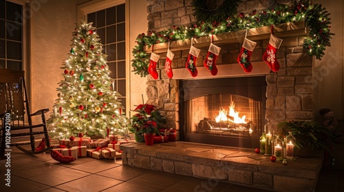 Cozy indoor scene featuring a beautifully decorated Christmas tree, fireplace, and hanging stockings, creating a warm holiday atmosphere. photo