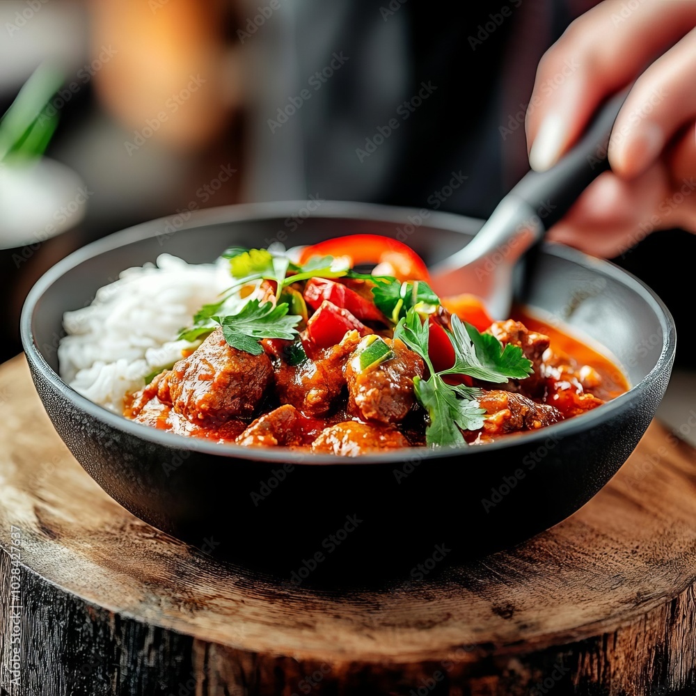 Vendor serving spicy meat stew with rice, rustic atmosphere, street food, hearty dish Vendor serving spicy meat stew with rice, rustic atmosphere, street food, hearty dish