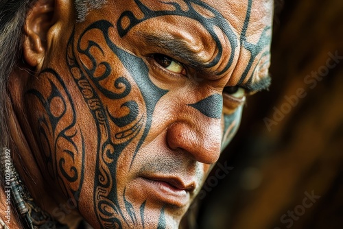 Close-up of a man's face with intricate tribal tattoos. photo