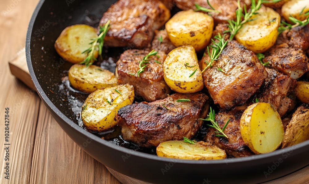Fototapeta premium fried pork ribs and potatoes in a frying pan, Generative AI
