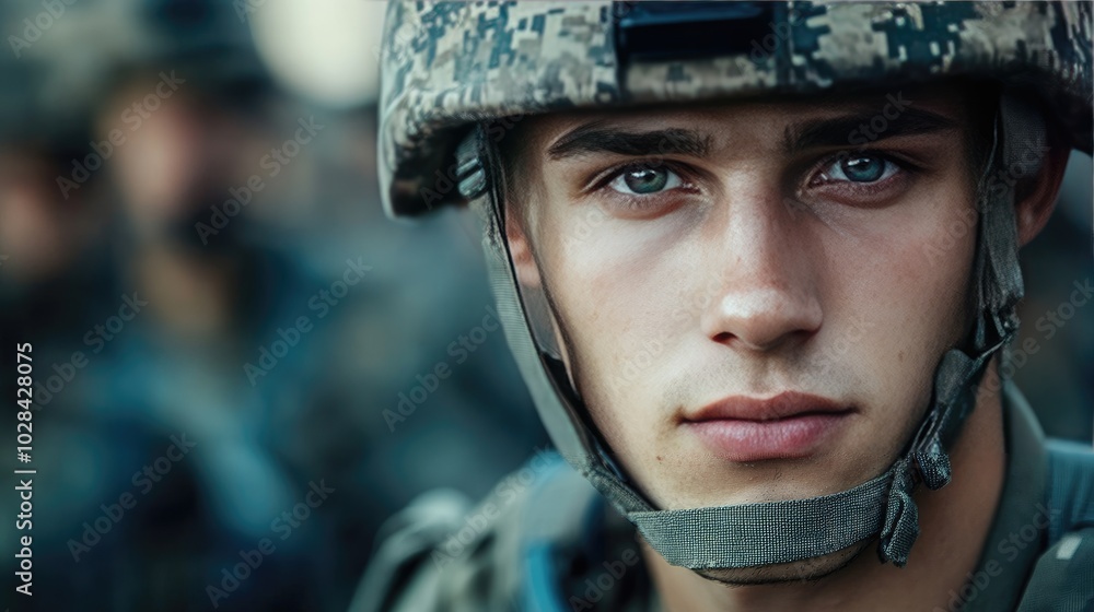 Close-up portrait of a soldier. This photo shows a young soldier wearing a helmet and camouflage uniform. Close-up portrait of a soldier. This photo shows a young soldier wearing a helmet and camouflage uniform.
