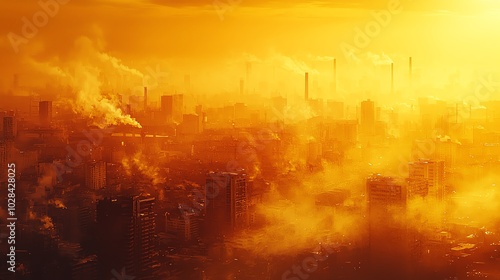 9 Urban sprawl bathed in golden sunlight, heatwaves rising from concrete, distant factories emitting smoke, wideangle perspective, soft glowing light, warm earthy tones