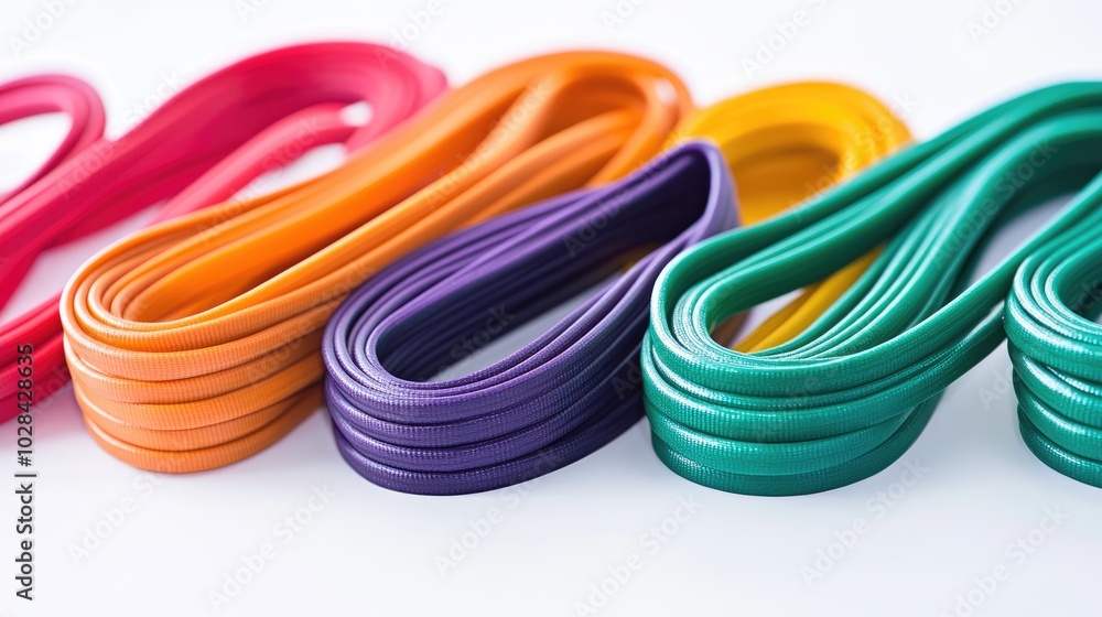 Colorful Rubber Bands in a Row on a White Background Colorful Rubber Bands in a Row on a White Background