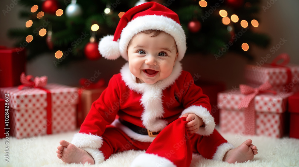 Baby in Santa Claus costume sitting next to Christmas presents Baby in Santa Claus costume sitting next to Christmas presents