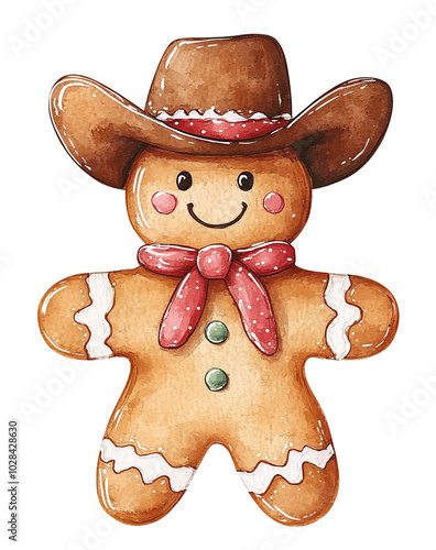 Happy cowboy gingerbred man, western Christmas illustration. Isolated object on transparent background, png design. Holiday decorated cookie for winter holidays. Tshirt, poster, card, poster