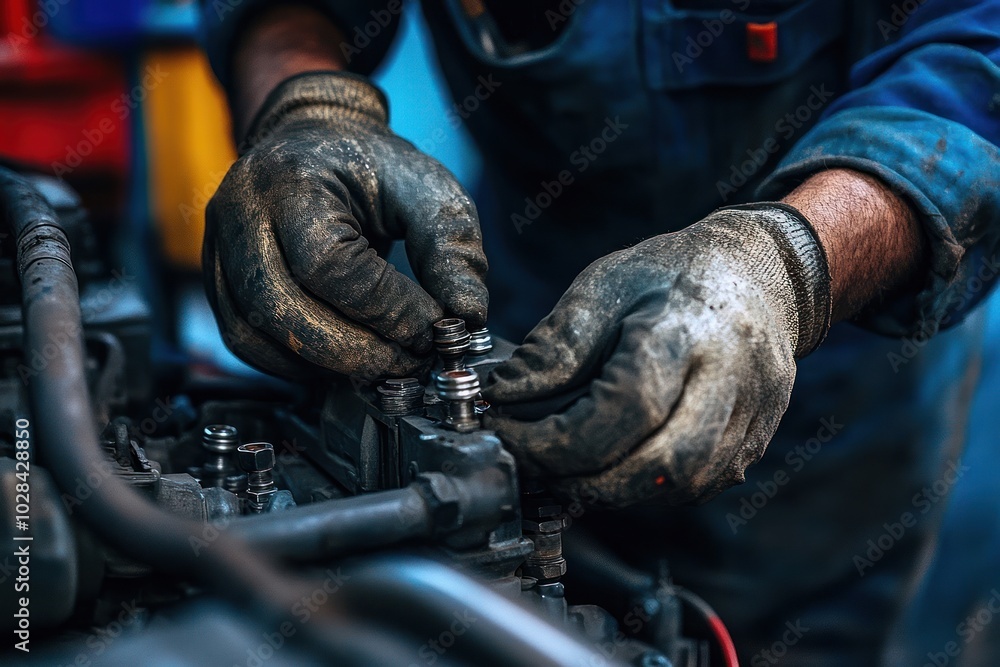 Closeup of a mechanic's hands working on a car engine. Closeup of a mechanic's hands working on a car engine.