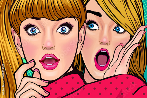 Woman whispering gossip or secret to her friend surprise In Retro Vintage Pop Art Comic