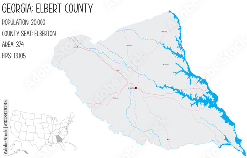 Large and detailed map of Elbert County in Georgia, USA.