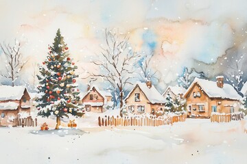 Charming watercolor painting of a winter village adorned with snow, featuring cozy houses, a decorated Christmas tree, and festive atmosphere. Winter Village Scene in Watercolor 
