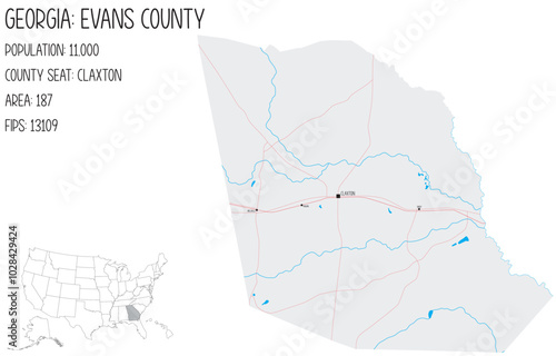 Large and detailed map of Evans County in Georgia, USA.