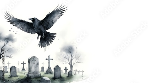 Haunting Graveyard: A chilling watercolor painting of a misty graveyard, with a raven soaring overhead and a sense of impending doom. Halloween. Drawing. Art. Illustration. Copy Space. 2