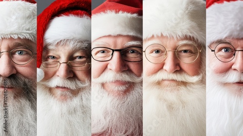 Five cheerful Santas with distinct expressions and glasses bring festive joy, AI